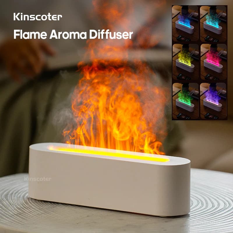 KINSCOTER Diffuser of essential oils aromas Flame humidifier Ultrasonic cold fog diffuser with night light realistic fire RGB