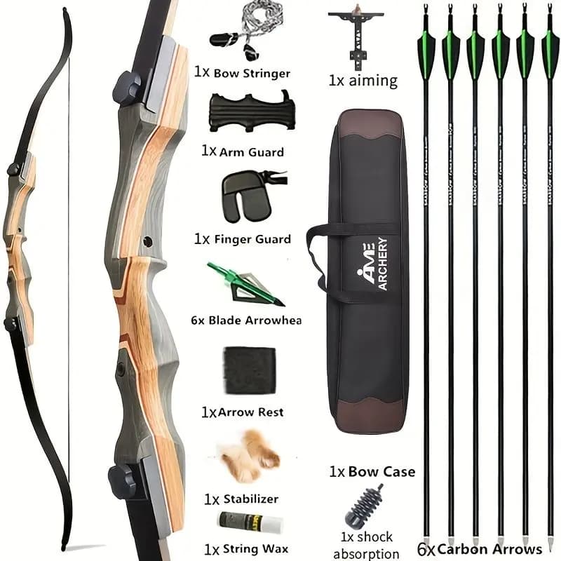 62 '' Takedown Arco ricurvo 50 libbre Riser in legno Tiro con l'arco Bersaglio Caccia Tiro con l'arco Arco Set Mano destra