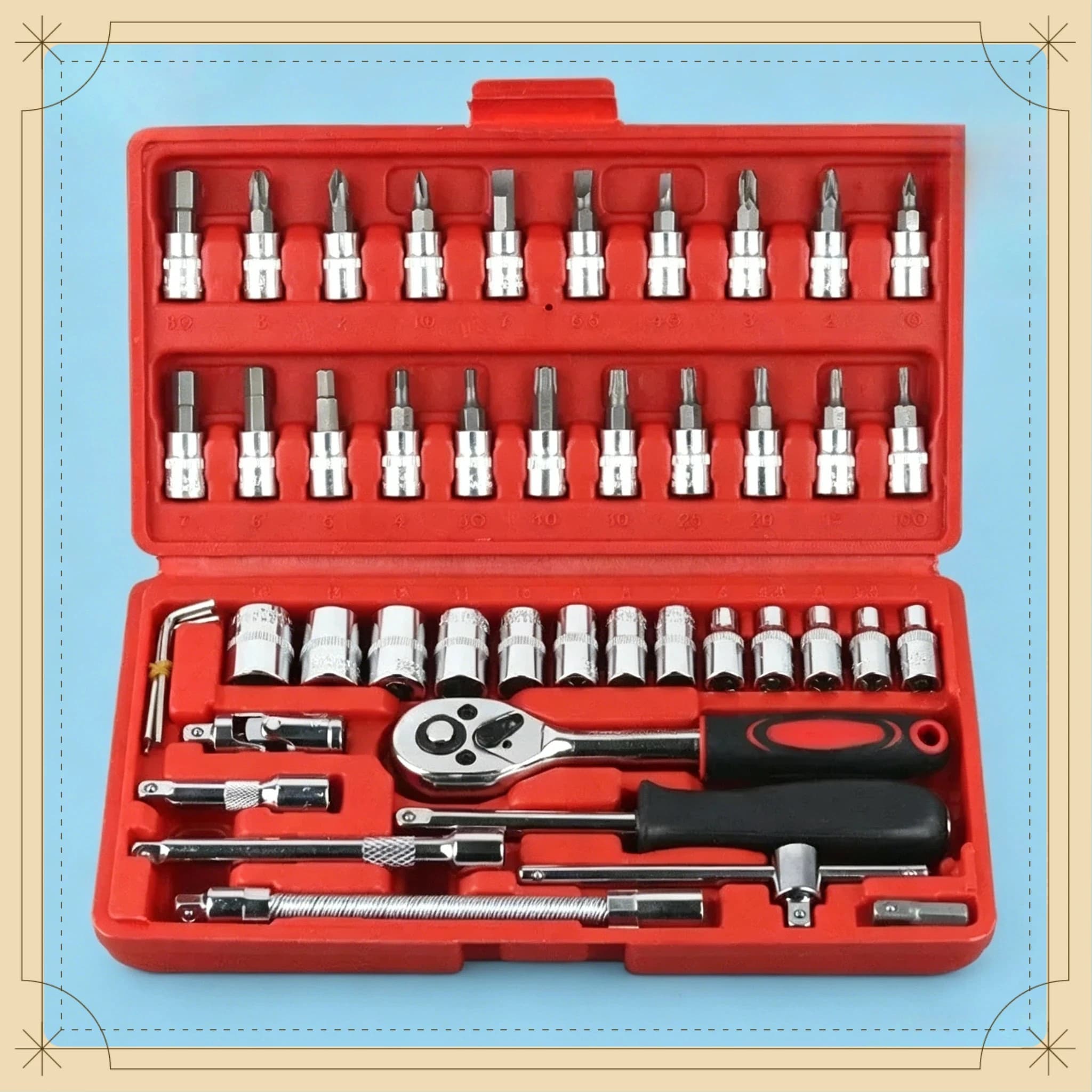Kit di Attrezzi Automobilistici Professionali 46 Pezzi, Set di Chiavi a Bussola da 1/4'' con Cricchetto, Utensili Manuali da Officina