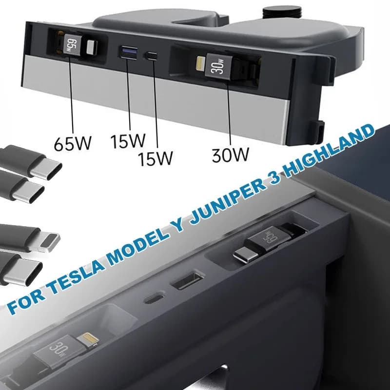 For Tesla Model Y Juniper 3 Highland Retractable Center Console Charger 65W USB Hub Phone Charger Fast Charging Docking Station