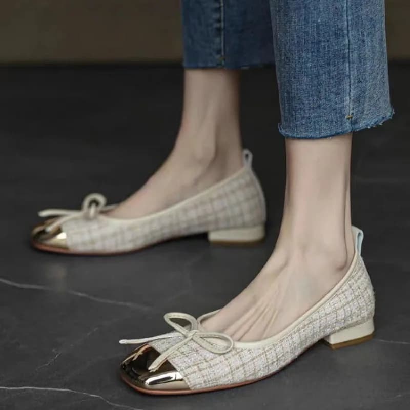 Scarpe da donna in pelle piatte con punta quadrata, color block e fiocco, stile francese
