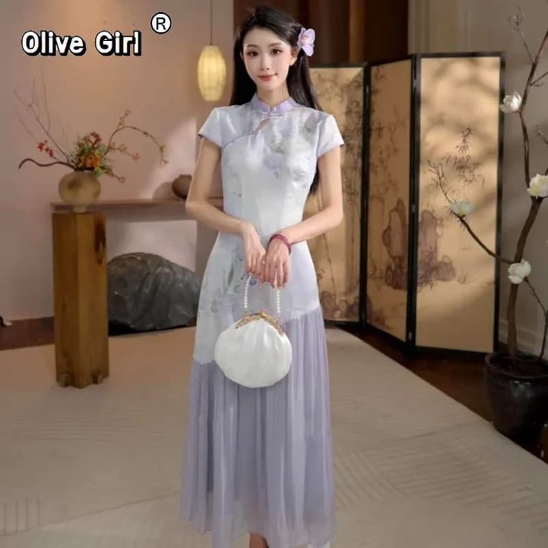 Abito Qipao Olivegirl, Cheongsam Cinese Jacquard Migliorato, Elegante, Agile, Snellente, Vestito Lungo Effetto Due Pezzi