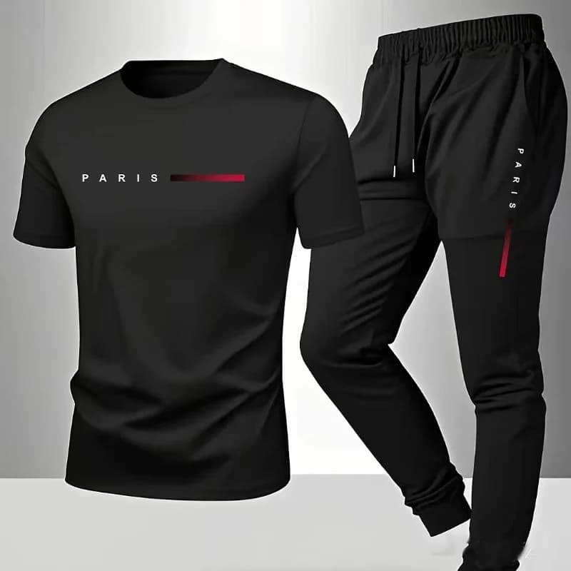 Abbigliamento casual primaverile/estivo da uomo in stile parigino - Nuovo completo sportivo americano con stampa a lettere e pantaloni a maniche corte - Set due pezzi