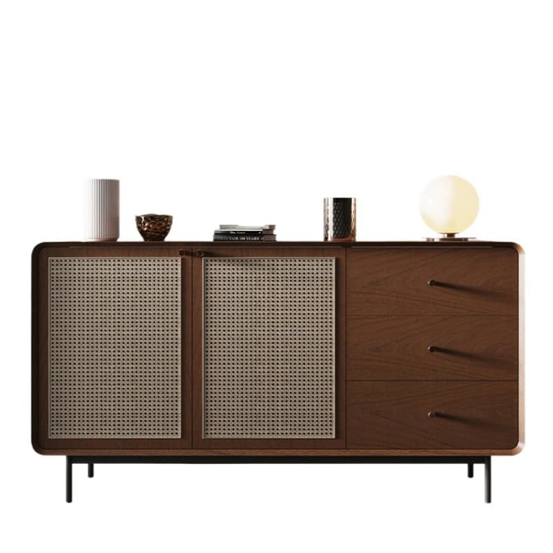 Mobili per soggiorno in noce naturale, gambe in metallo, armadietto moderno in legno, credenza per sala da pranzo in rattan
