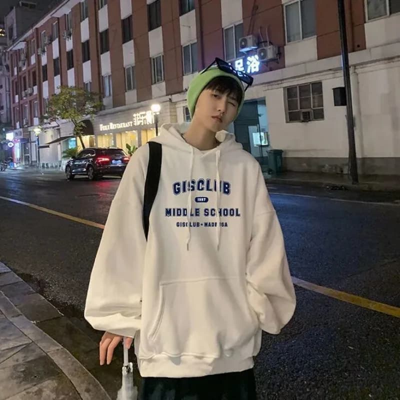 Mens Fall Winter Fashion Fleece Hoodie Lazy Fit Loose All-Match Long Sleeve Chic Hong Kong Vibe Sweatshirt