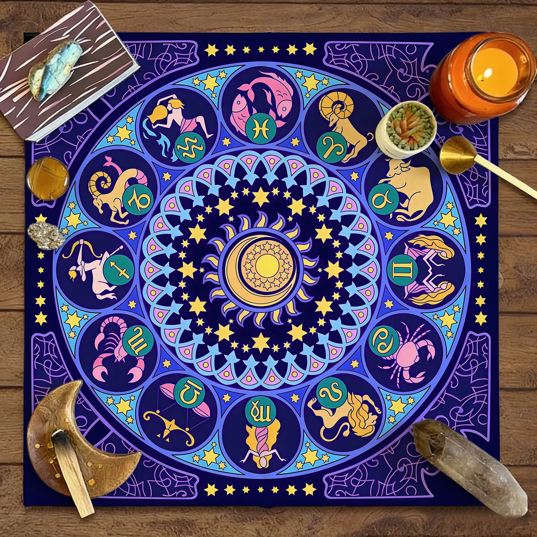 1 tovaglia per carte dei tarocchi, 12 tappetini per divinazione con costellazioni, misteriosa tovaglia per altare con sole e luna, stregoneria e astrologia