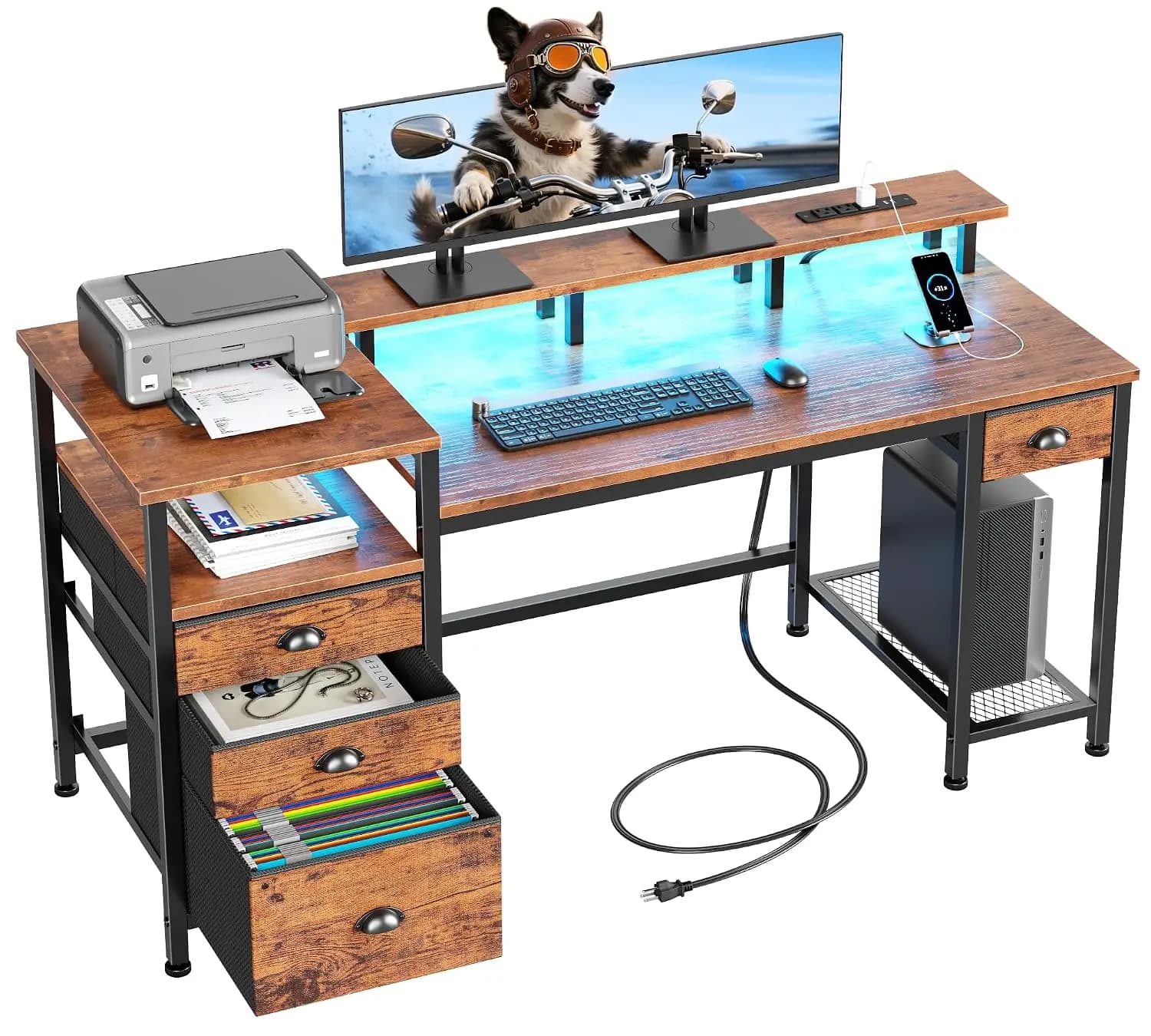 60" Desk with 4 Drawers, Power Outlet, LED, Monitor Stand, Shelves, File Cabinet for Home Office Bedroom, Customized