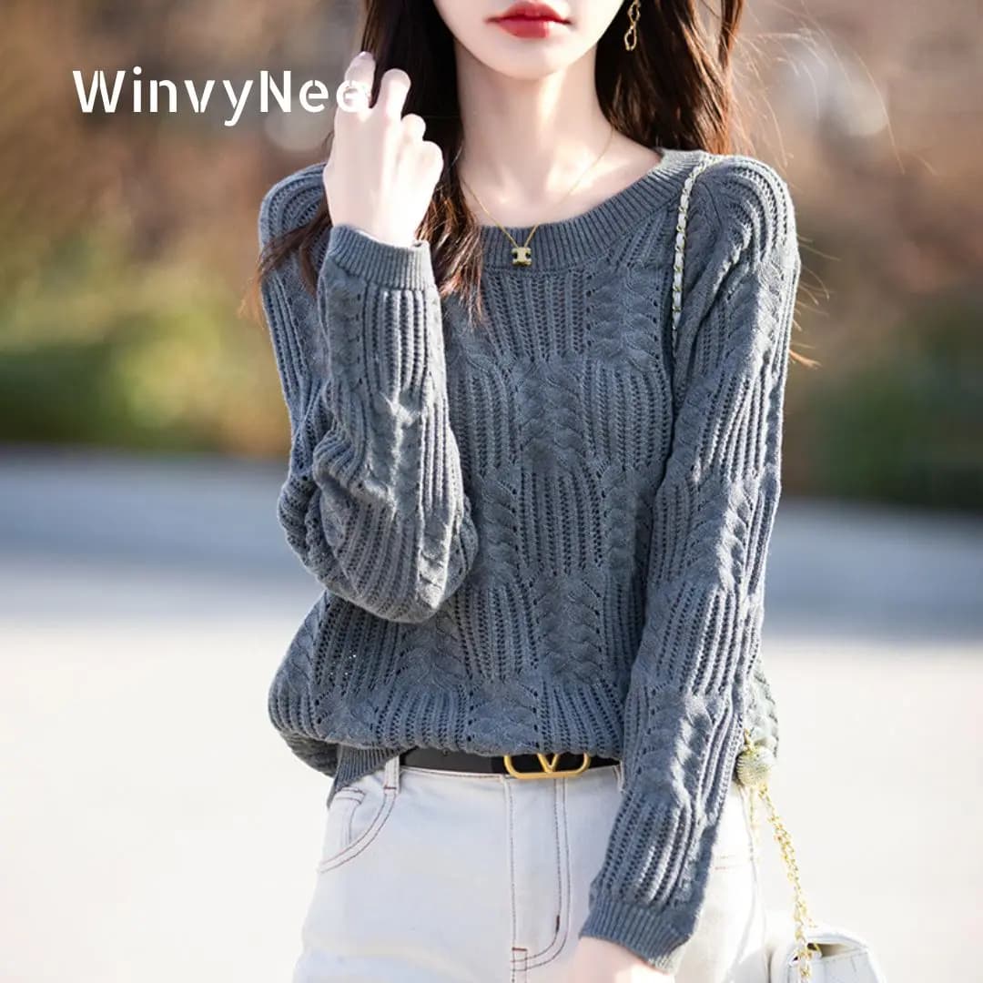 WinvyNee Women's 100% Cotton 7 Needle Solid Hollow Crew Neck High Elastic Soft Fitted Long Sleeve Daily Pullover Tops A1092033