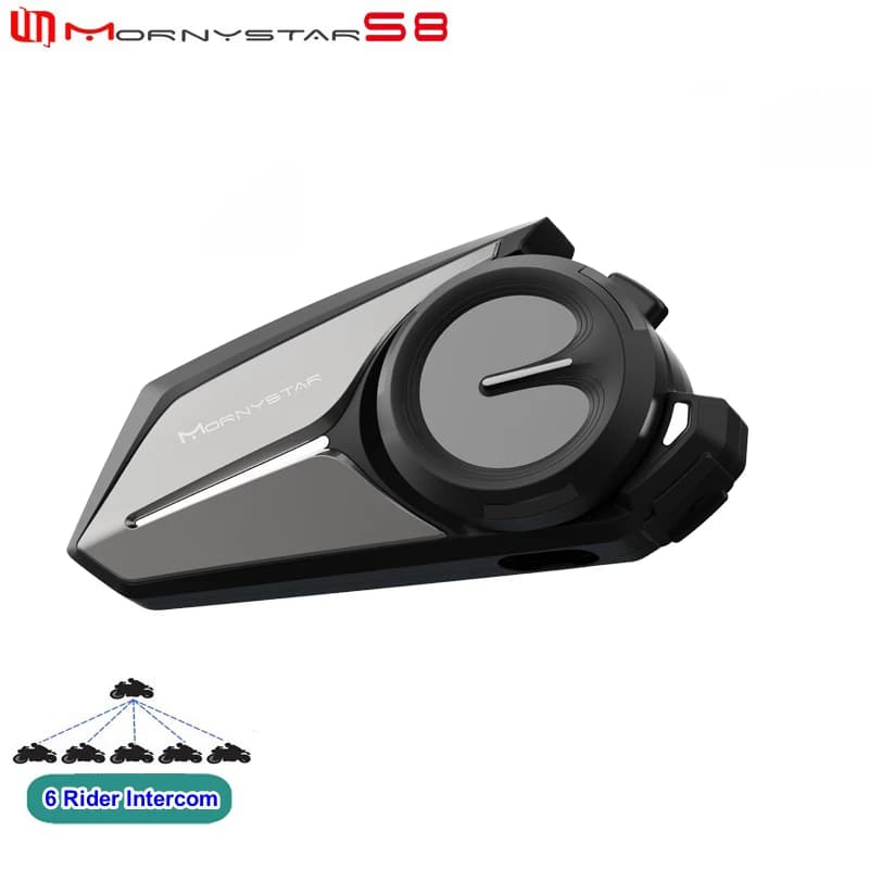 Mornystar S8 Interfono Bluetooth per Casco Moto, Auricolare Intercomunicante 1200M BT5.4, Comunicatore per 6 Motociclisti, Impermeabile, Radio FM, Musica
