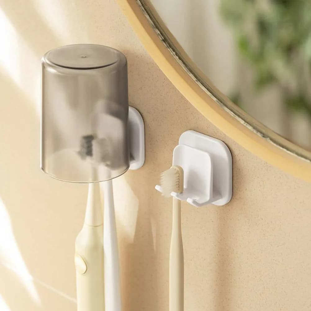 2 Pezzi Porta Spazzolini da Parete Autoadesivo per Bagno, Doppio Scomparto, Nessun Foro Richiesto, Senza Perforazione, per Piastrelle, Vetro, Metallo