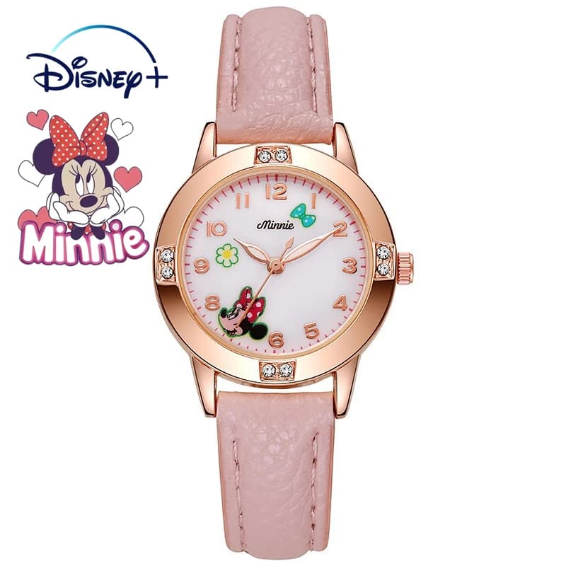 Disney Cute Minnie Girls Children's Watch Quartz Watch Cartoon Dial PU Leather Fashion Strap Children's Student Watch Gift