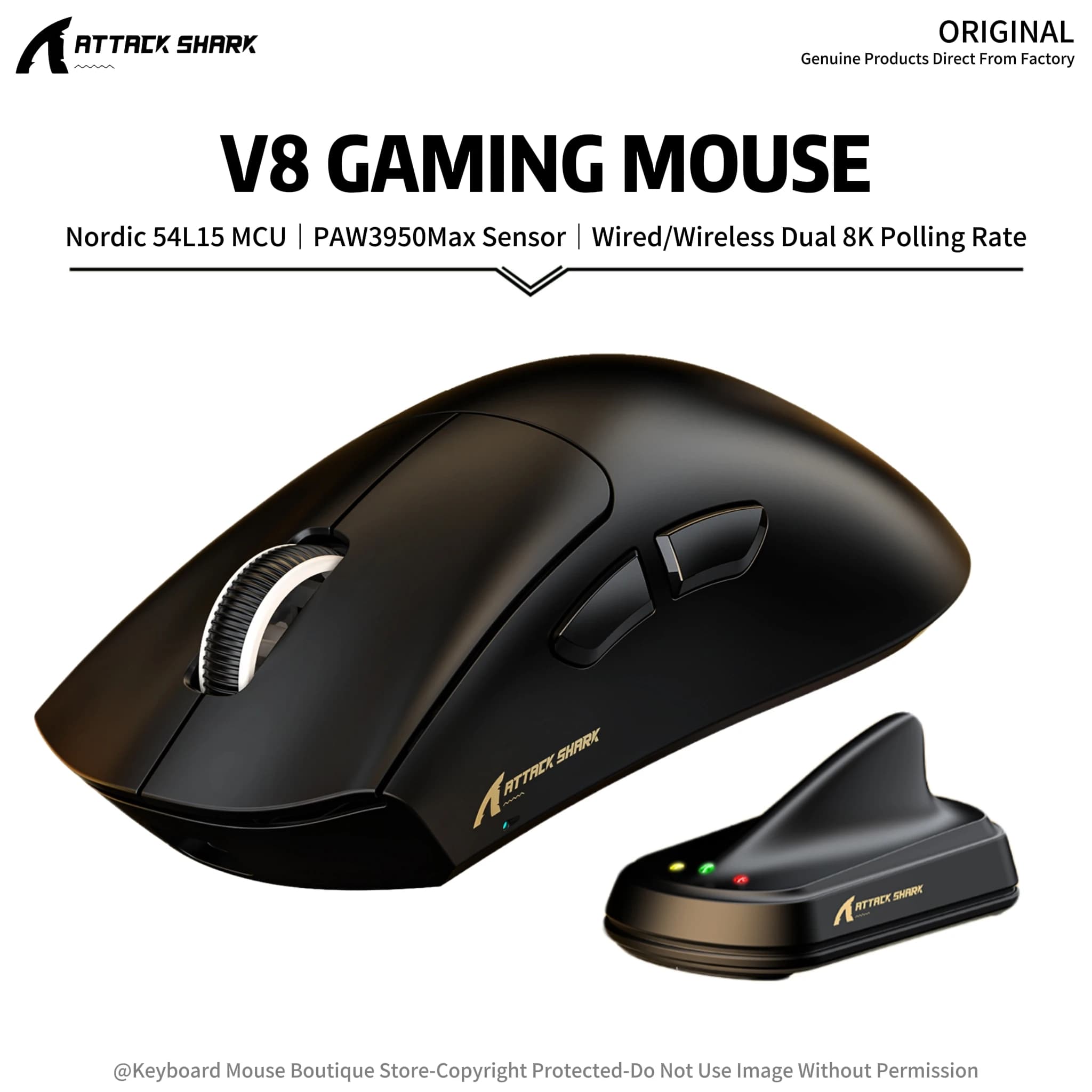 Mouse da Gaming Leggero Attack Shark V8 con Ricevitore 8K, 42000 DPI, Sensore PAW3950Max, Doppia Frequenza di Aggiornamento 8K, MCU Nordic 54L15, 500mAh