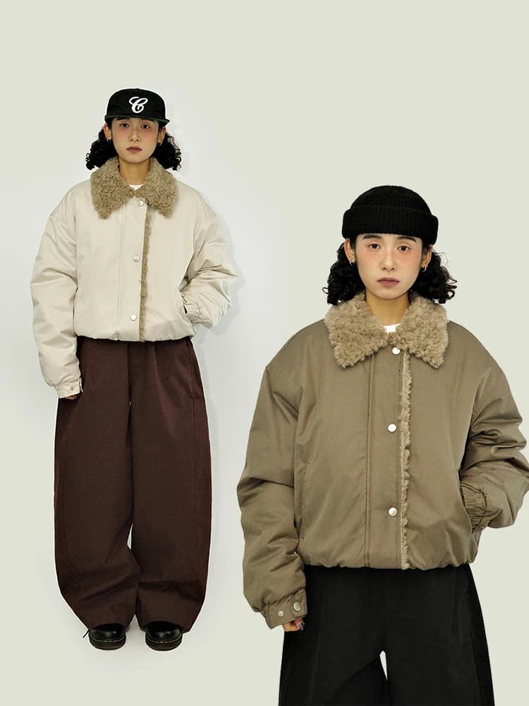 GuluWo Winter Warm Workwear Cotton Jacket Outdoor Unisex Loose American Retro Fur Collar Cotton Coat Street Style Thickened L...
