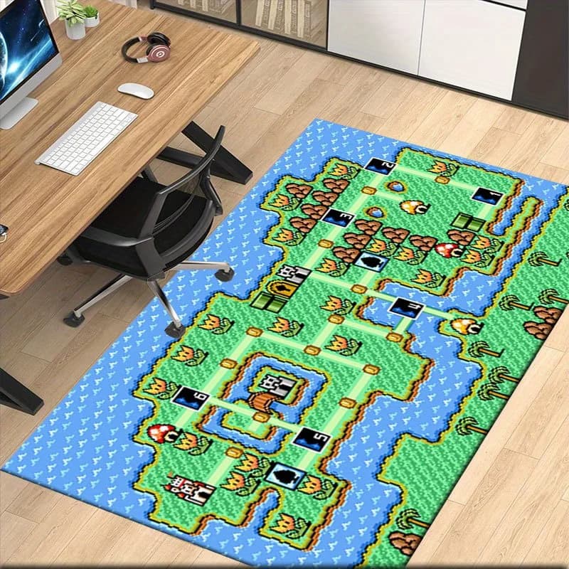 Nostalgic Retro Game Themed Rug, Anti-Slip Mat with 8-Bit Pixel Map Design for Gaming Room Bedroom, Gamer Decorative Carpet