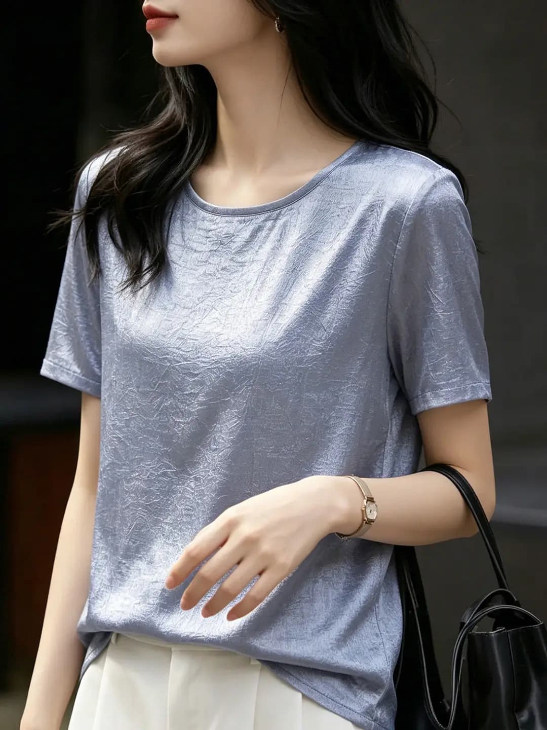 Summer New Silky Satin Wrinkle-Resistant Short Sleeve Women's Loose T-Shirt Breathable Casual round Neck High Waist Knitted Top