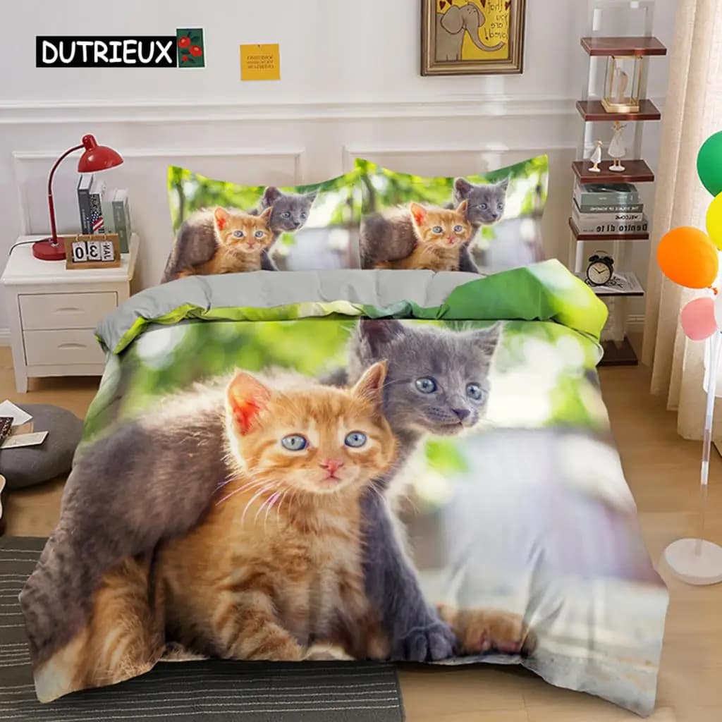 Set copripiumino per gatti, set di biancheria da letto con stampa divertente a tema gattini, copripiumino in microfibra arancione e grigio per bambini e ragazzi