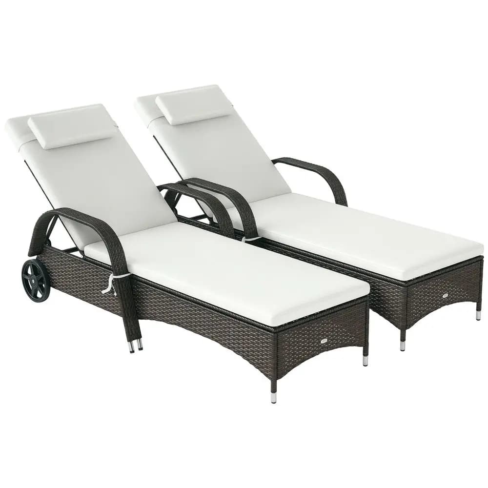 Set di 2 chaise longue da esterno in vimini, sedia a sdraio da piscina in rattan PE con schienale regolabile a 5 livelli, con ruote, cuscino e poggiatesta