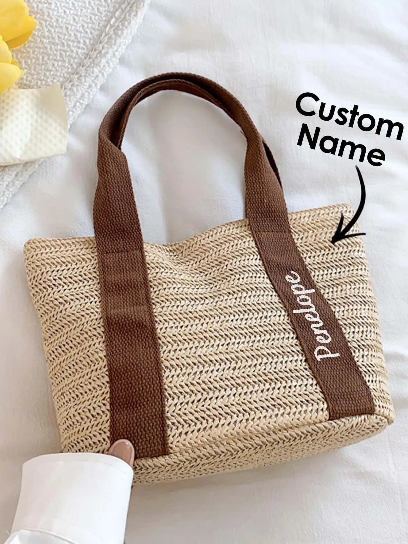 1pc Custom Name Handbag Personalized Tote Bag Woven Shoulder Bag Reusable Grocery Bag Gift for Mom Her Girlfriend Wife Birthday