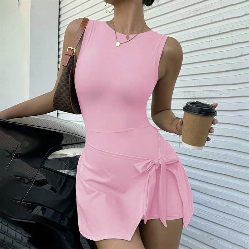 Abito da tennis americano finto due pezzi da donna, alla moda, con fiocco e lacci, per golf e sport, abito sportivo casual senza maniche intero da donna