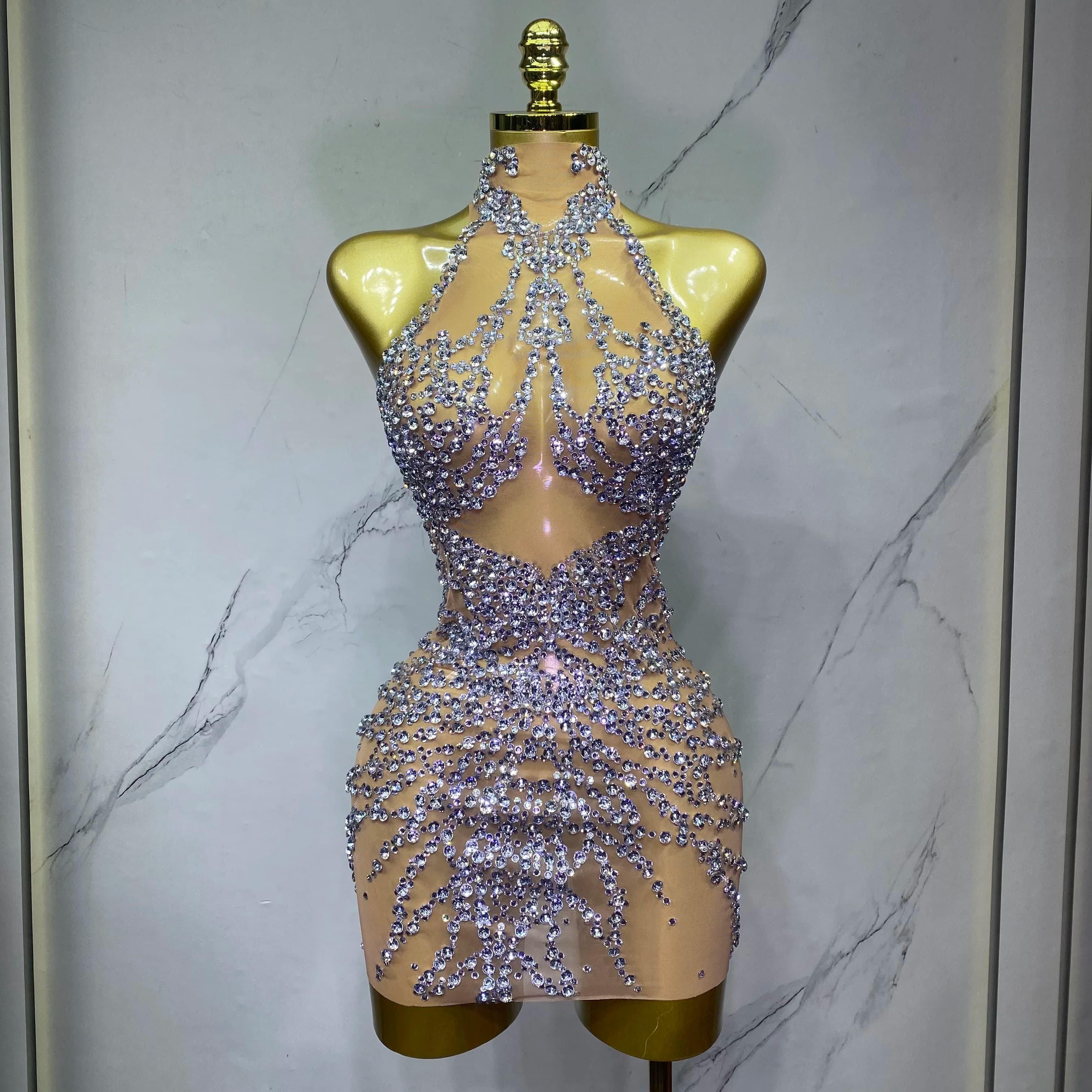 Mini Gonna Scintillante con Diamanti per Feste di Compleanno, Vestito Brillante in Rete con Diamanti per Celebrazioni