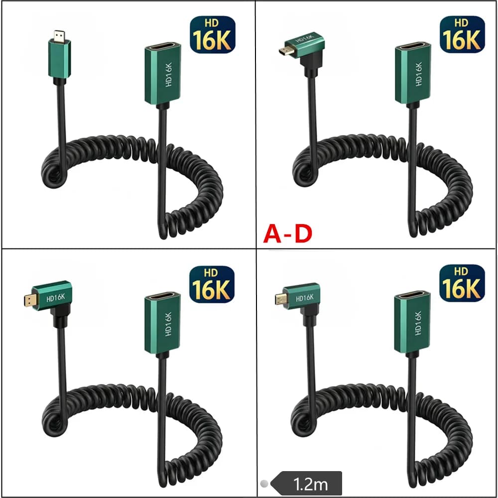 16K HDMI Coiled Spring Cable 1.2m Stretchable HDMI to Micro HDMI Male to Male Gold Plated for Camera Monitor Capture Card