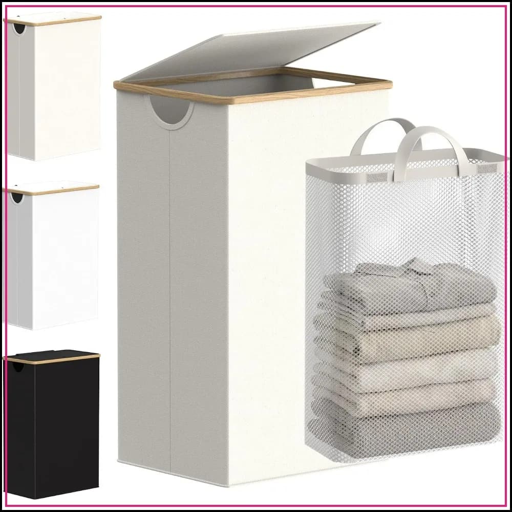 Efluky 100L Tall Laundry Hamper with Lid, Removable Bag & Bamboo Handles, Beige