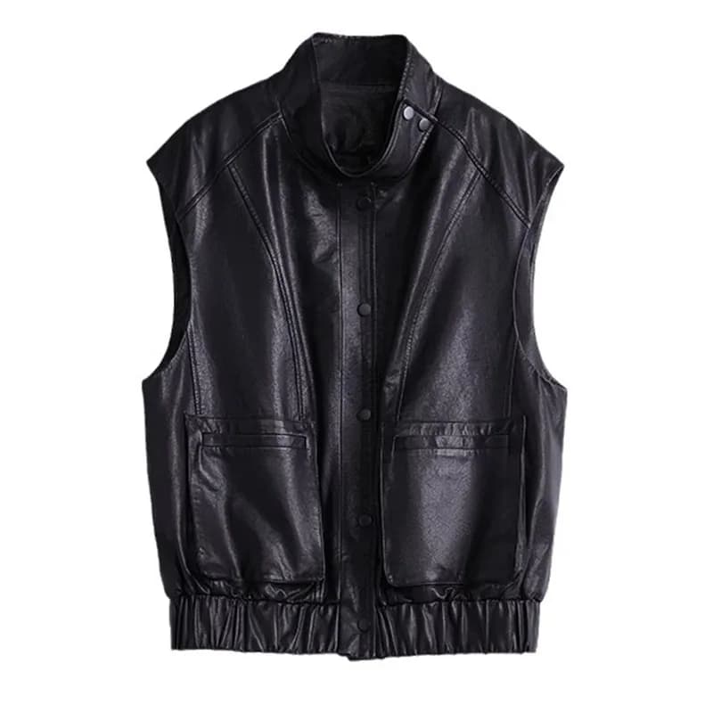 Gilet da donna in pelle di pecora con tasca cargo, giacca ampia e casual, colletto rialzato, senza maniche, monopetto, autunno e inverno