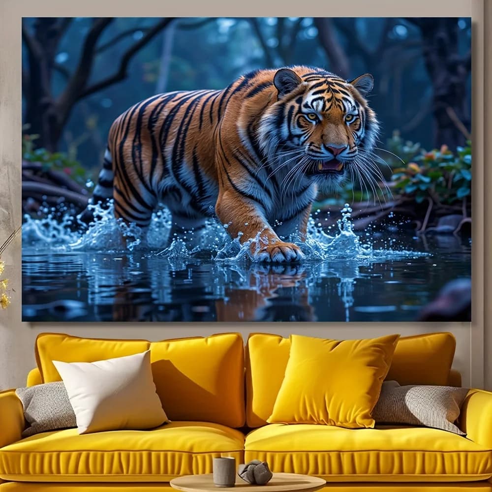Majestic Tiger Tapestry - Wild Jungle Scene with Water Splash for Home Decor and Aesthetic Beauty, Perfect for Any Room
