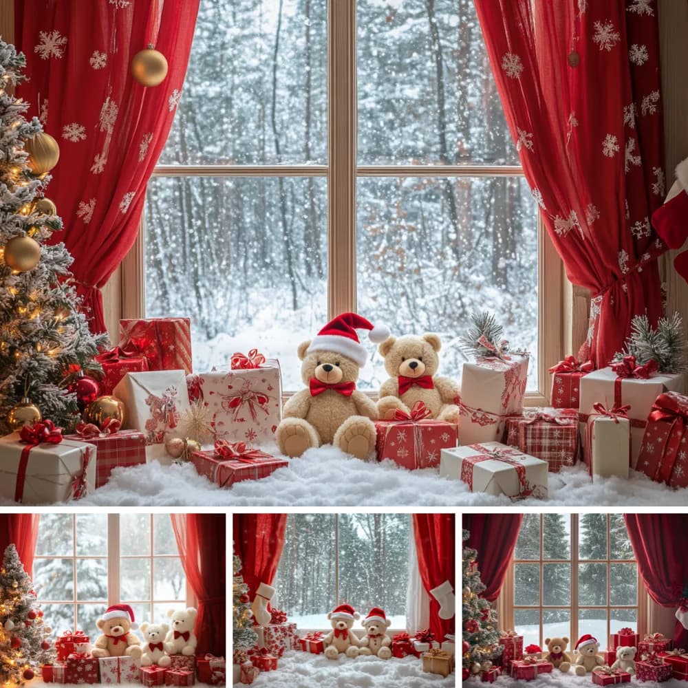 Cozy Indoor Christmas Backdrop Snowy Window Red Curtain Teddy Bears Gift Pine Tree Fabric Newborn Family Photo Shoot Background