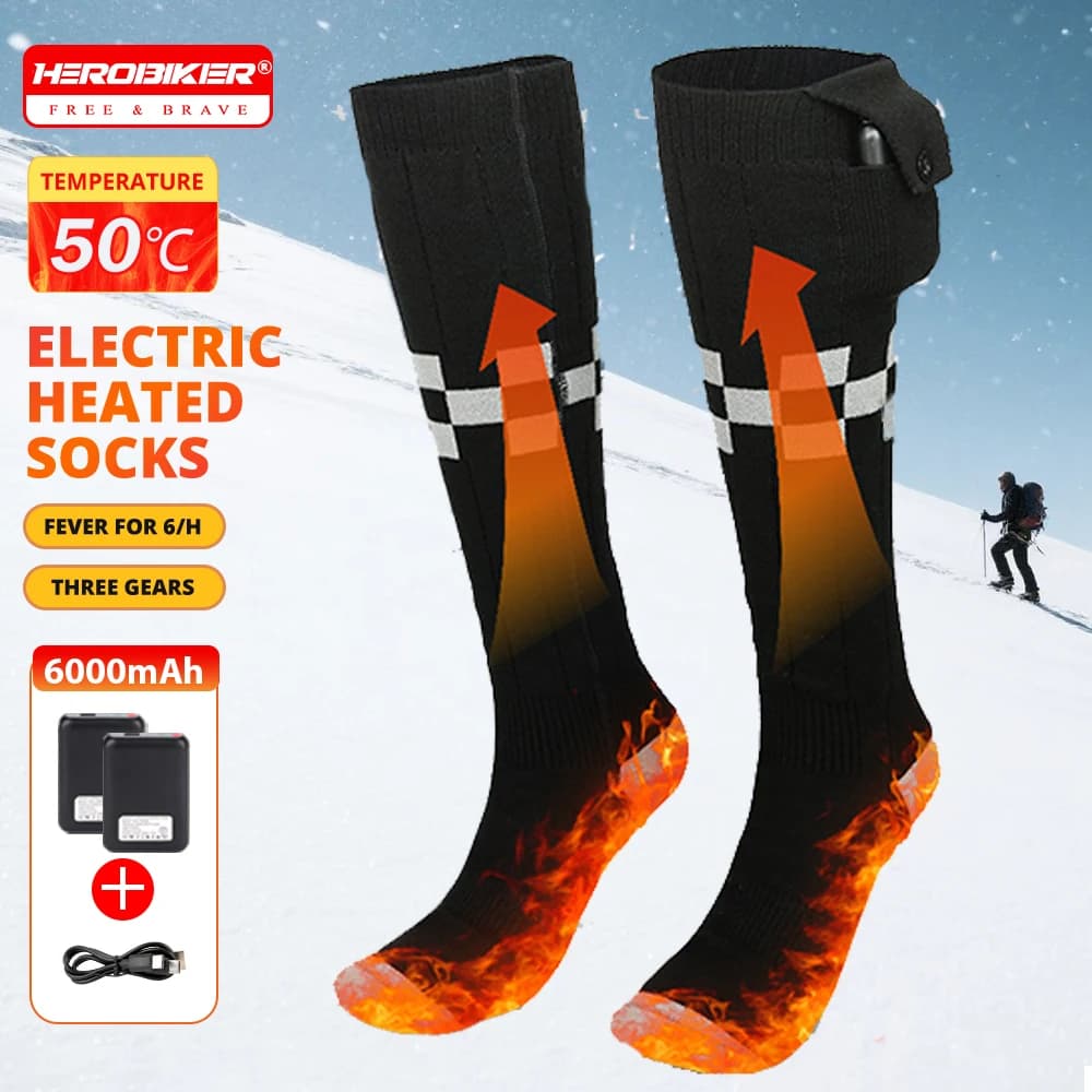 Calzini riscaldati invernali Calzini riscaldanti ricaricabili per USB Calzini riscaldati da 6000 mAh Calore Stivali riscaldati da esterno Motoslitta Sci invernale