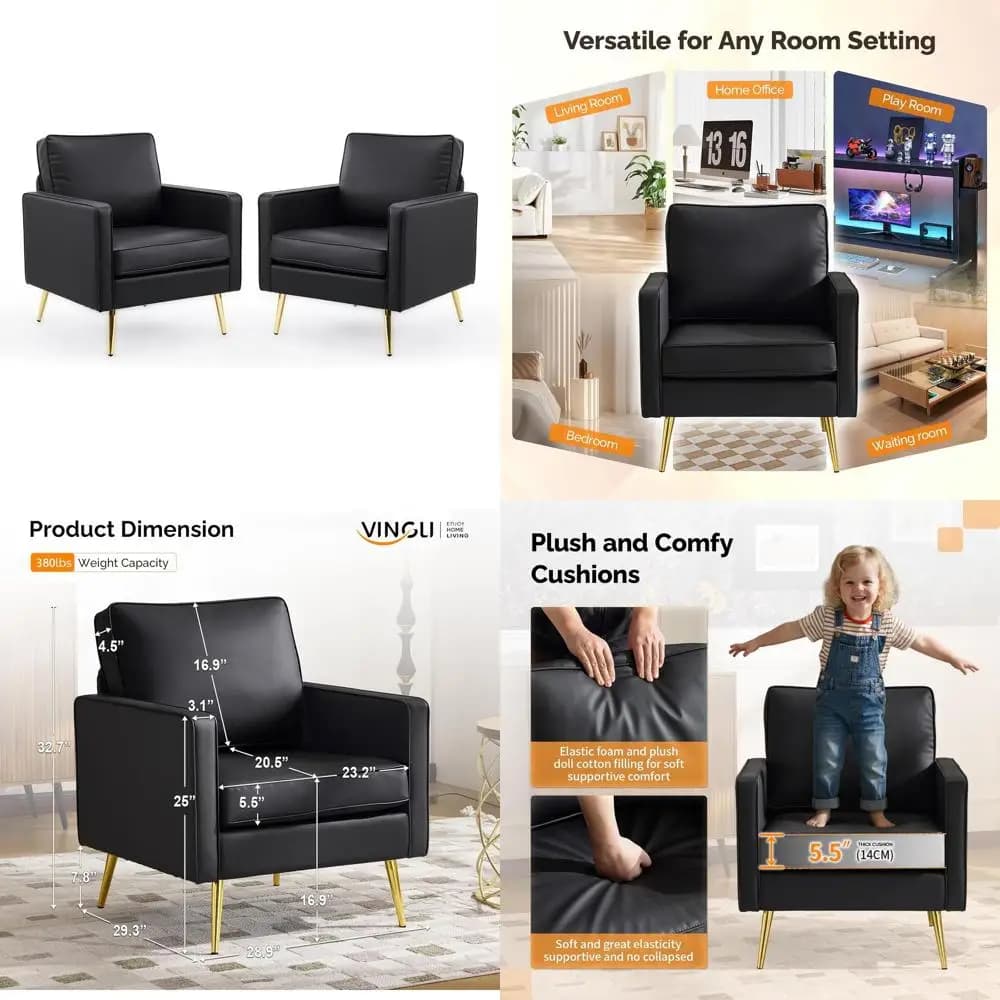 Mid-Century Modern Accent Chairs Set of 2 with Removable Cushions, Gold Legs, Upholstered Sofa Armchairs for Living Room, Bedroo