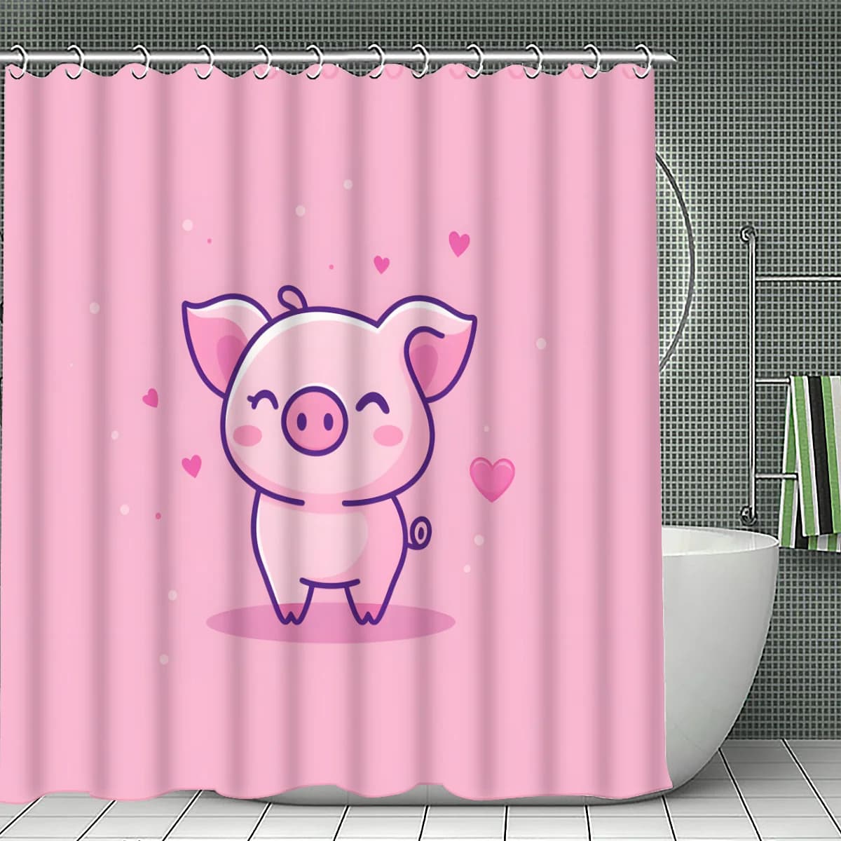 Tenda da doccia con simpatico maialino dei cartoni animati, stampa animalier rosa kawaii, decorazione impermeabile per il bagno, divertente tema fattoria, accessorio per la cameretta dei bambini