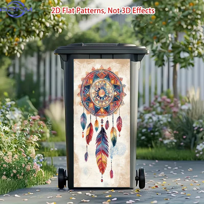 Dreamcatcher Design Trash Can Sticker, Vibrant Feathers Self-Adhesive Art Stickers, Classic Trash Can Decal Nature Art Trash C