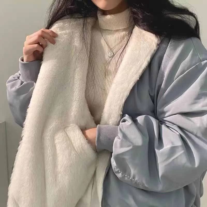 Lucyever giacca calda in pile da indossare su due lati donna autunno inverno nuova cerniera parka con cappuccio cappotto femminile capispalla termica spessa allentata