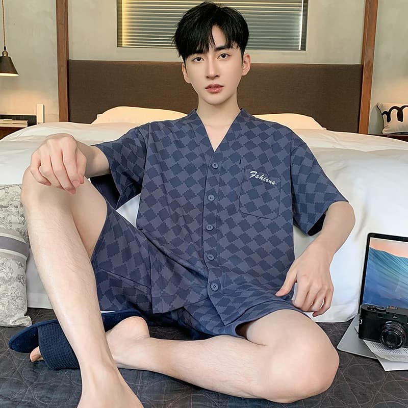 Summer Plus Size Cardigan Pajama Set Short Sleeve Kimono Loungewear Cotton MenCasual Plaid Students Sleepwear pyjama homme coton
