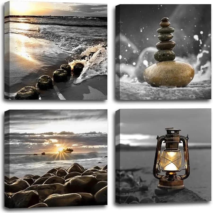 4 pcs Zen style diamond painting kit black and white beach wall art diamond embroidery ocean sea picture sunset scenery decor