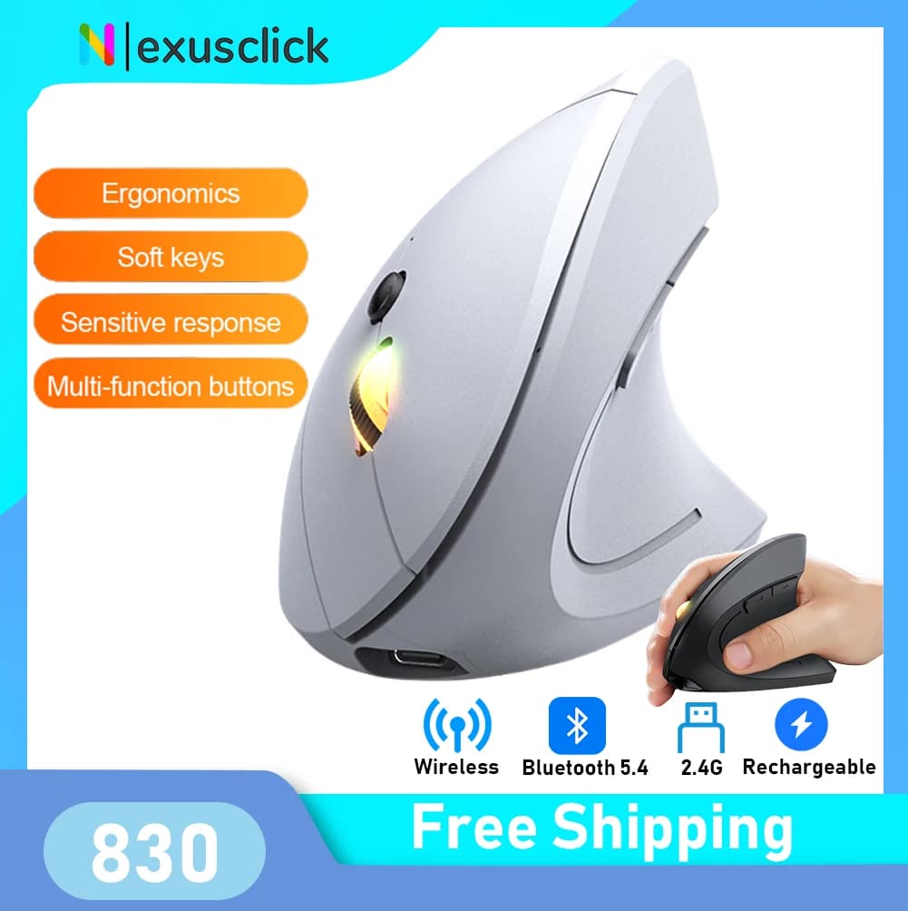 Mouse wireless Bluetooth da 2,4 GHz Mouse verticale ricaricabile ergonomico 3 regolabili 1600 DPI 6 pulsanti per PC portatile Computer desktop