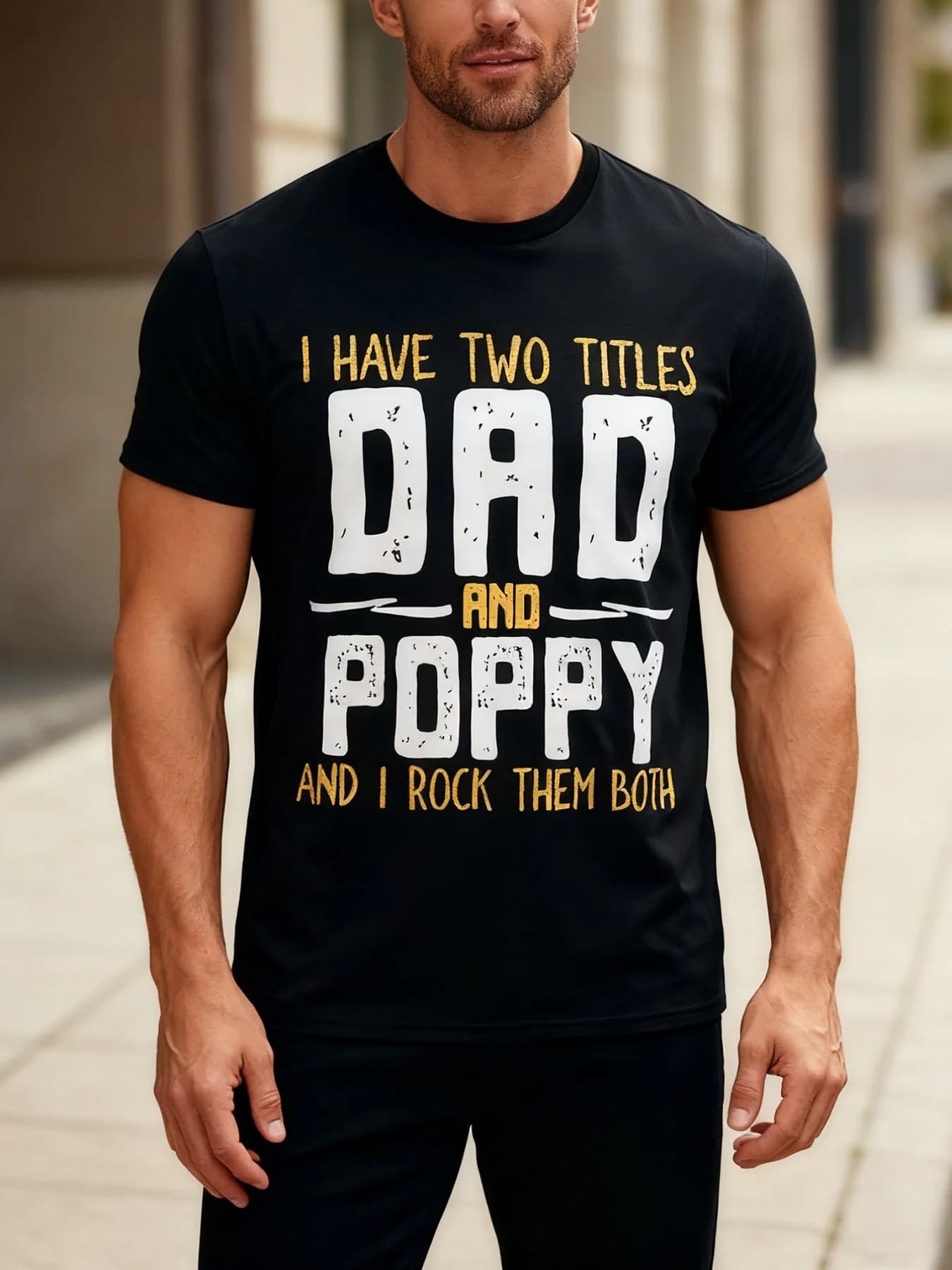 Men's black t-shirt with funny letter print on the round neck, suitable as gift for husbands and fathers
