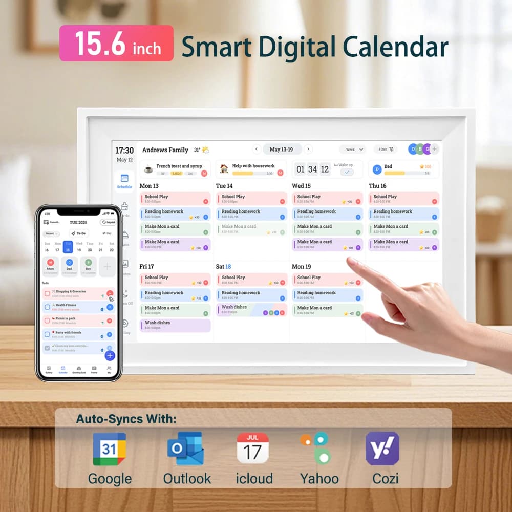 Calendario digitale WiFi da 15,6 pollici Grafico dei lavori domestici Orari di famiglia intelligenti Lista delle cose da fare Touchscreen Planner Cornice Display HD