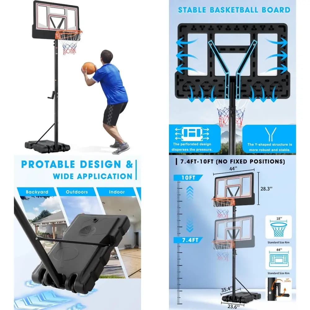 Adjustable outdoor basketball system for children and adults, from 7.4 to 10 feet, portable with wheels and pre-installed accessories