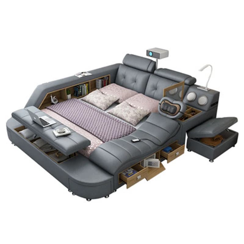 Luxury Upholstered Smart Storage Bed Frame with Bookshelves, USB, Foldable Dresser, Drawers & Headboard Storage, All In One Bed