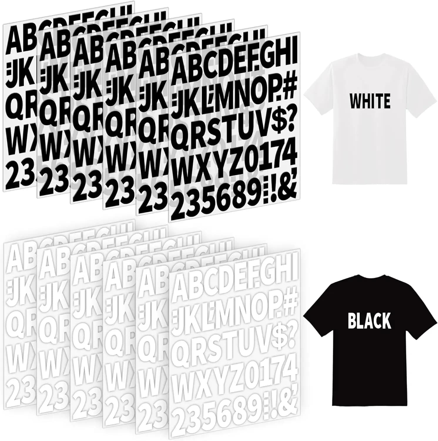 12 Sheets of Letters, Numbers and Symbols Thermal Adhesives in White and Black from 2 Inches, Decalcomanie in Vinyl for Transfer to Warm for Children, Fai-da-Te, T-shirts, Clothing and Craftsmanship