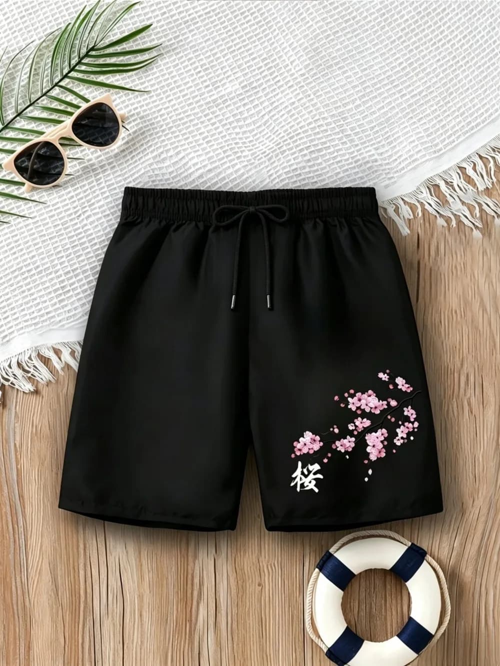 American men's summer cherry blossom letter printed machine washed comfortable breathable drawstring shorts outdoor casual pants