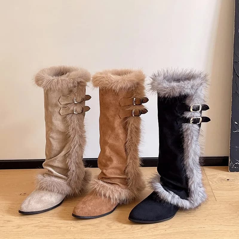 All-purpose Women's Plush Boots with Low Pointed Heels and Snow-resistant Women's Long Boots