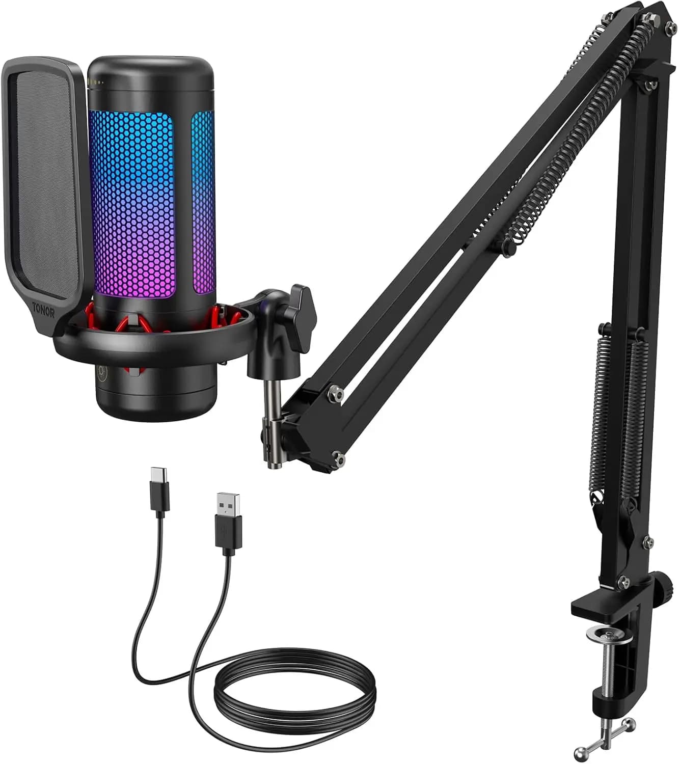 Set Microfono da Gaming con Braccio Regolabile, Microfono a Condensatore per PC con Supporto, Microfono USB con Luce RGB Controllabile