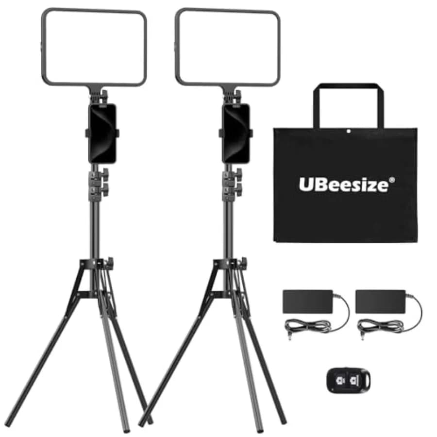 Kit di 2 Luci LED per Video, Illuminazione per Fotografia, Luci da Studio da 13" con Treppiede da 65" e Supporti per Telefono, Illuminazione per Podcast