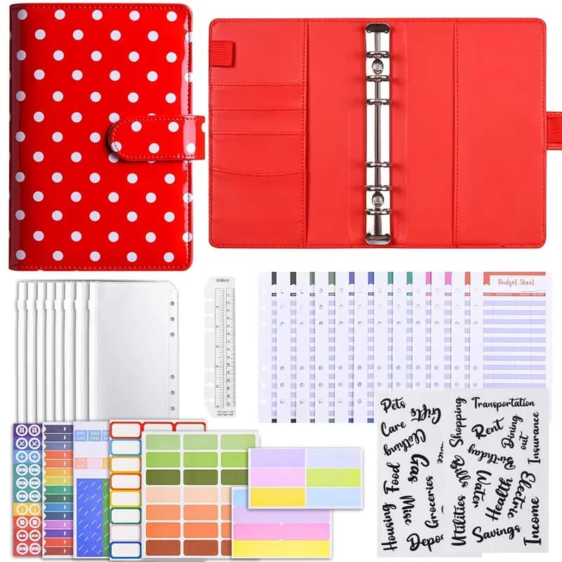 Set di Buste per Planner Finanziario A6 Retrò a Pois, con Copertina per Quaderno di Pianificazione del Budget e Tasche in Plastica