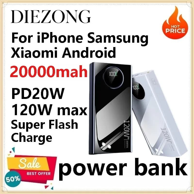 20000mAh Large Capacity 120W Max PD Quick Charge Powerbank Digital Screen Portable Charger for IOS Android Phones