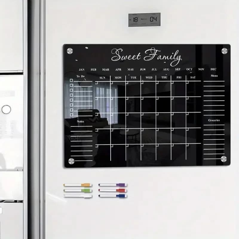 Magneti da frigorifero in acrilico Nero Pianificatore settimanale Calendario Memo Board Adesivi per frigorifero cancellabili Decorazione della casa Forniture per ufficio