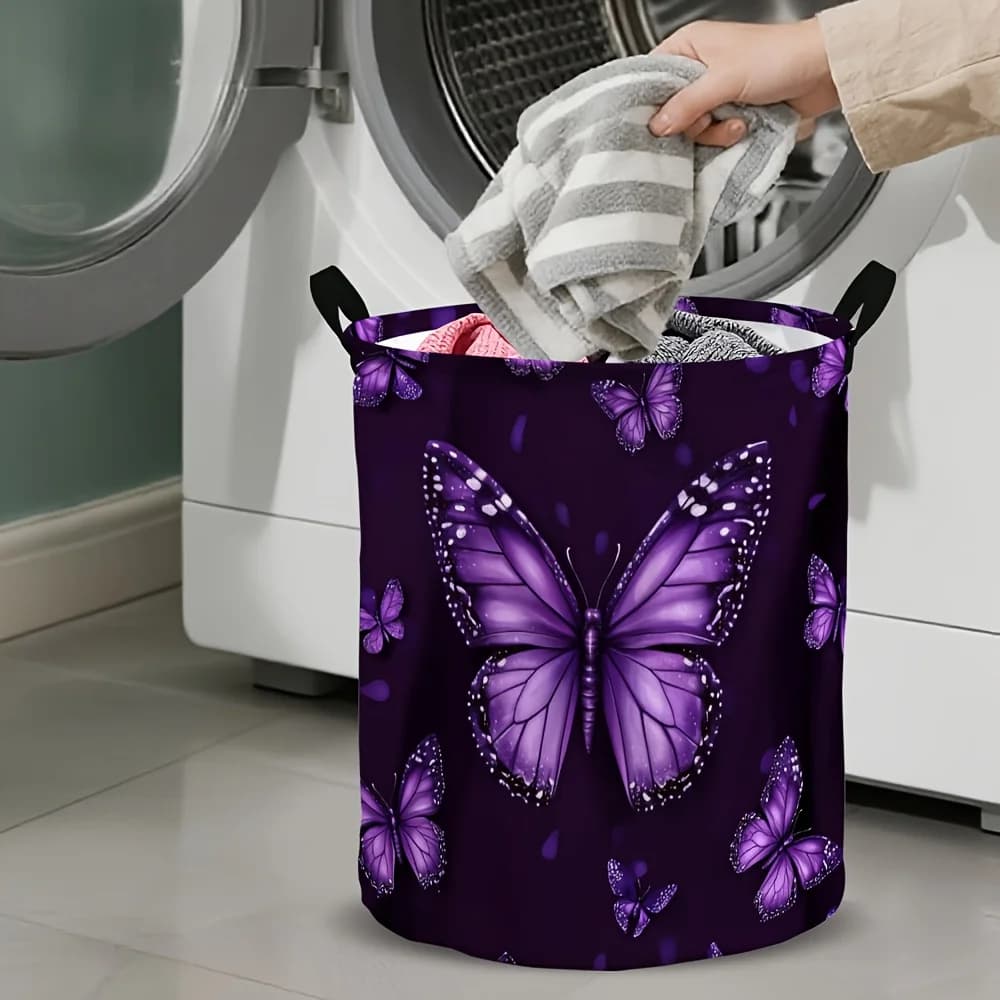 Cesto per biancheria con stampa di farfalle viola, elegante cesto portaoggetti con motivo a insetti, contenitore per biancheria leggero e impermeabile per la camera da letto